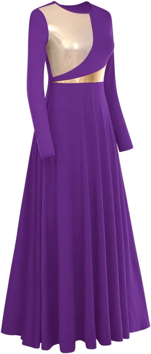Women Metallic Bi Color Liturgical Praise Dance Dress Long Sleeve Lyrical Dancewear Church Maxi Robe Worship Costume