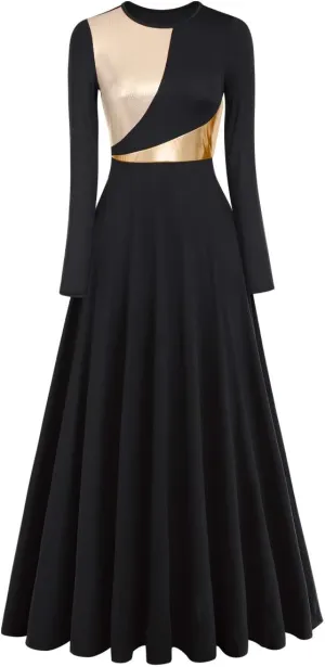Women Metallic Bi Color Liturgical Praise Dance Dress Long Sleeve Lyrical Dancewear Church Maxi Robe Worship Costume