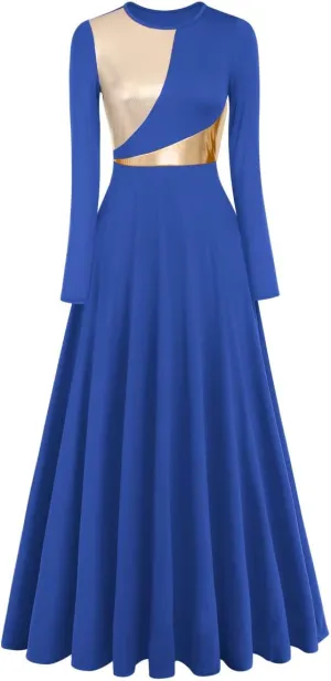 Women Metallic Bi Color Liturgical Praise Dance Dress Long Sleeve Lyrical Dancewear Church Maxi Robe Worship Costume