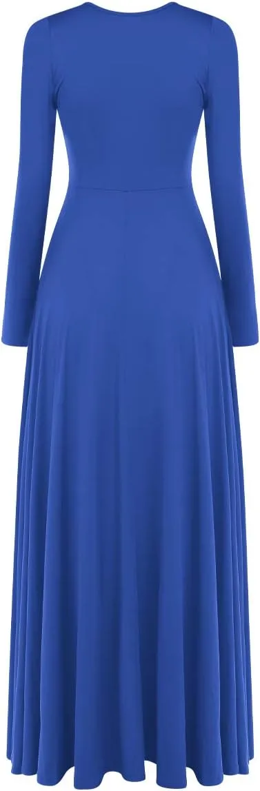 Women Metallic Bi Color Liturgical Praise Dance Dress Long Sleeve Lyrical Dancewear Church Maxi Robe Worship Costume
