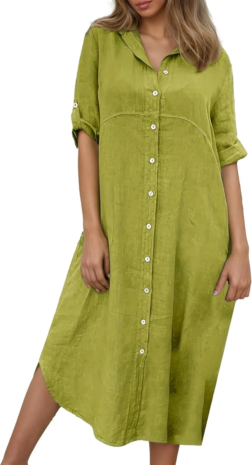 Women Plus Size Cotton Linen Long Sleeve Shirt Dress Lapel Button Down Loose Solid Work Midi Dress Lightweight