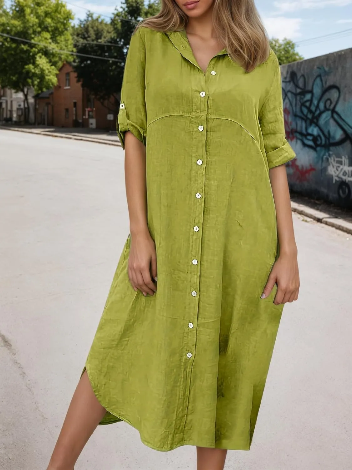 Women Plus Size Cotton Linen Long Sleeve Shirt Dress Lapel Button Down Loose Solid Work Midi Dress Lightweight
