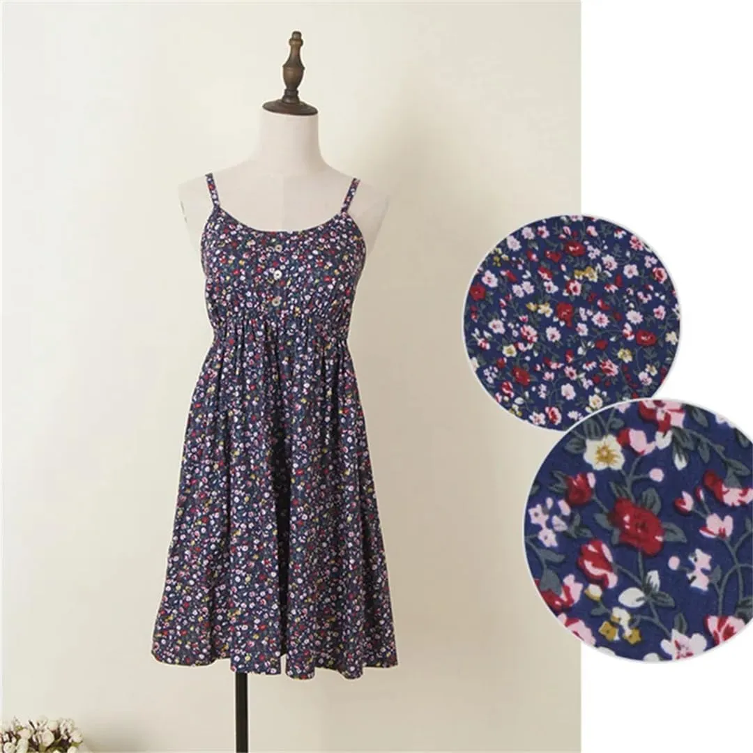 Women Print Floral Sleeveless Mini Dress Cotton Spaghetti Strap Casual Short Dresses Beach Sundress
