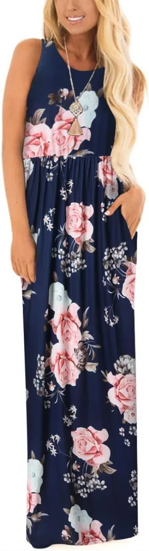 Women Racerback Floral Loose Swing Casual Tunic Beach Long Sleeveless Maxi Dresses with Pockets