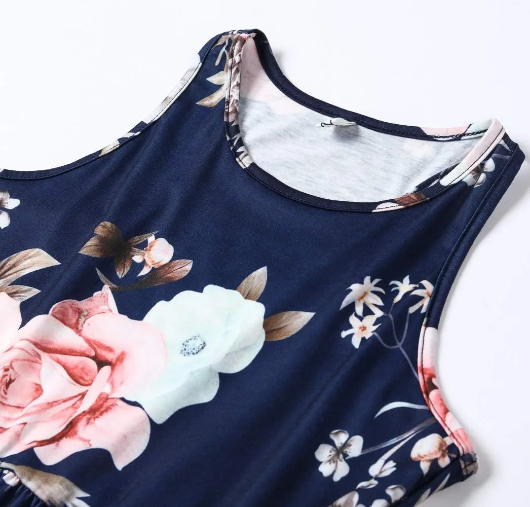 Women Racerback Floral Loose Swing Casual Tunic Beach Long Sleeveless Maxi Dresses with Pockets