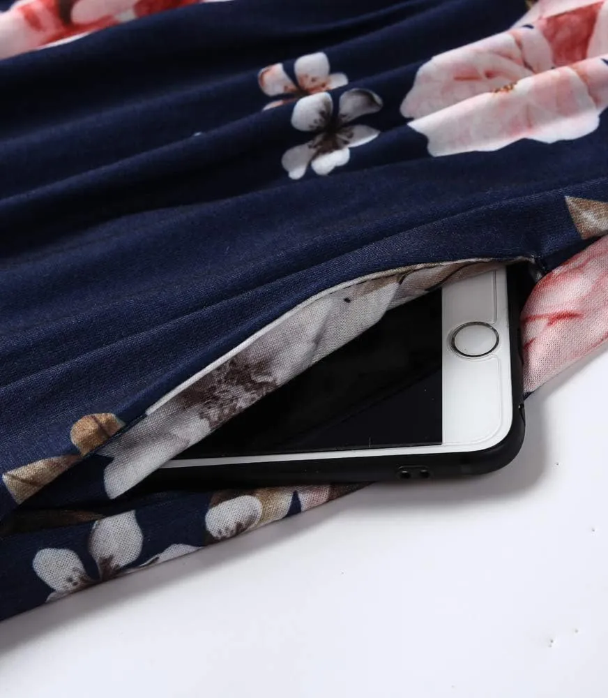 Women Racerback Floral Loose Swing Casual Tunic Beach Long Sleeveless Maxi Dresses with Pockets
