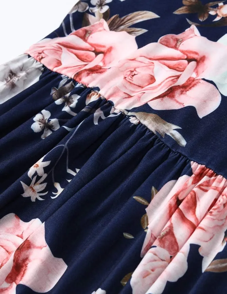 Women Racerback Floral Loose Swing Casual Tunic Beach Long Sleeveless Maxi Dresses with Pockets