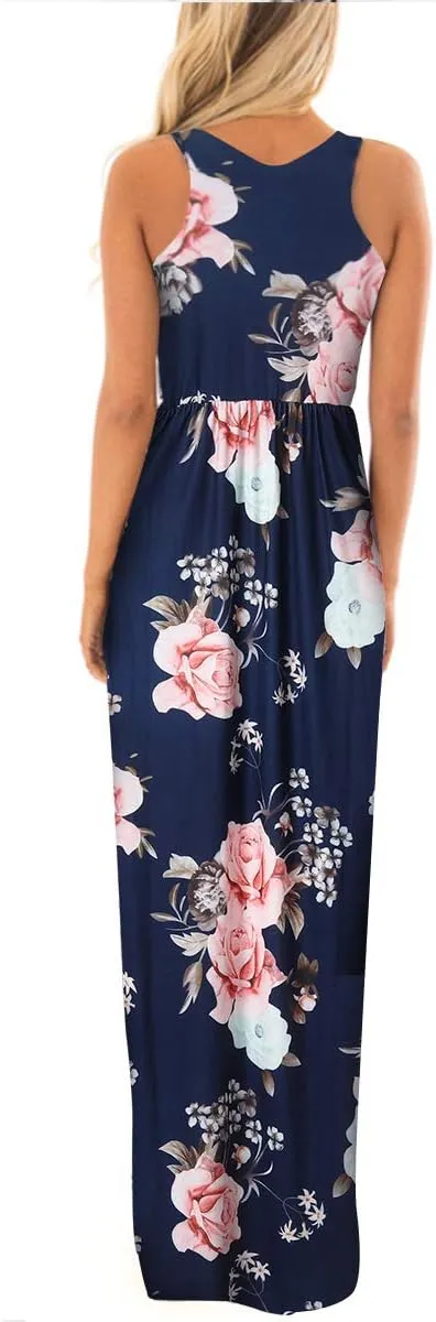 Women Racerback Floral Loose Swing Casual Tunic Beach Long Sleeveless Maxi Dresses with Pockets