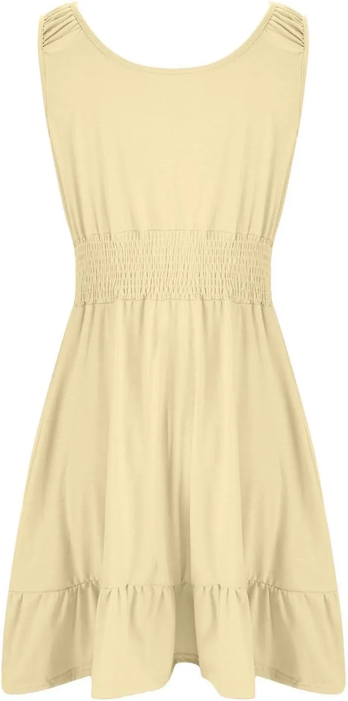 Women Summer Casual Sleeveless Dress Smocked Empire Waist Ruffle Tiered Mini Dress Trendy Dressy Swing Beach Sundress