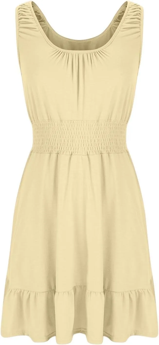 Women Summer Casual Sleeveless Dress Smocked Empire Waist Ruffle Tiered Mini Dress Trendy Dressy Swing Beach Sundress