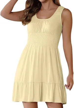 Women Summer Casual Sleeveless Dress Smocked Empire Waist Ruffle Tiered Mini Dress Trendy Dressy Swing Beach Sundress