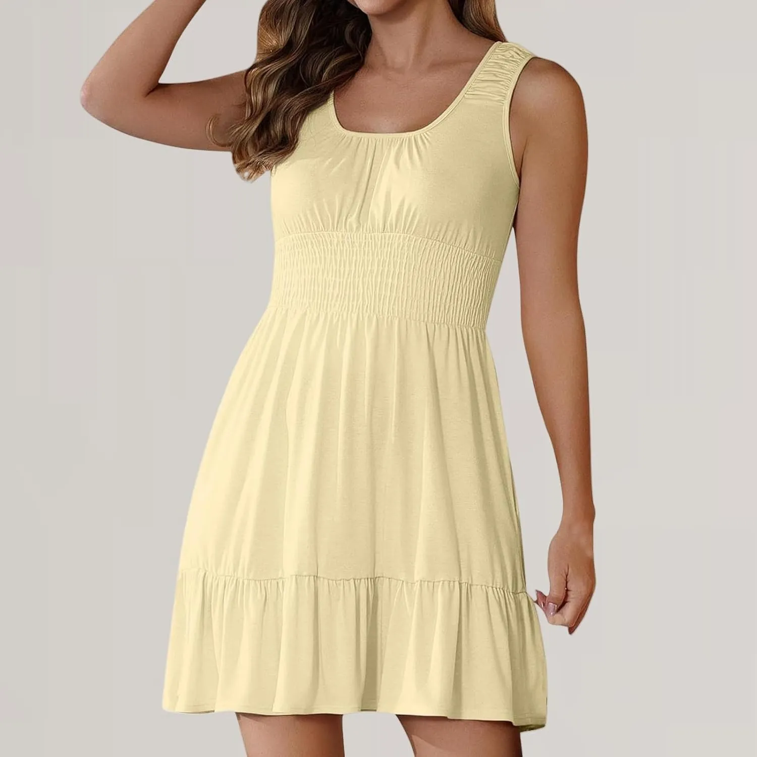 Women Summer Casual Sleeveless Dress Smocked Empire Waist Ruffle Tiered Mini Dress Trendy Dressy Swing Beach Sundress