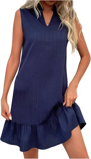 Women Summer Dress Ruffle Hem Split V Neck Mini Dresses 2025 Fashion Casual Sleeveless Boho Beach Vacation Sundress