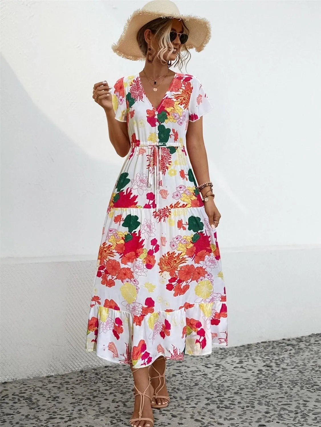 Women Summer Dresses 2024 Casual Flowy Beach V-Neck Boho Floral Long Maxi Dress Short Sleeve Tie Waist Dresses