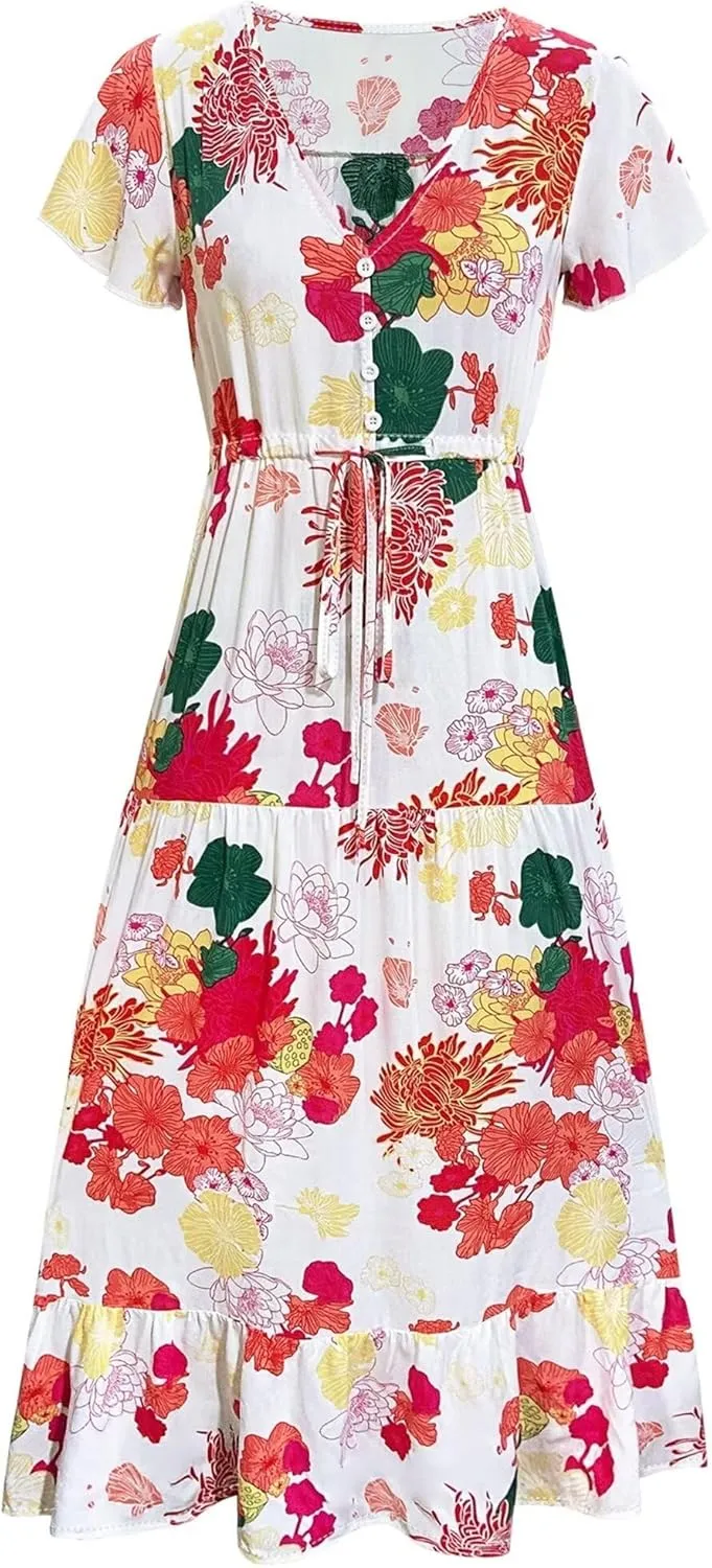 Women Summer Dresses 2024 Casual Flowy Beach V-Neck Boho Floral Long Maxi Dress Short Sleeve Tie Waist Dresses