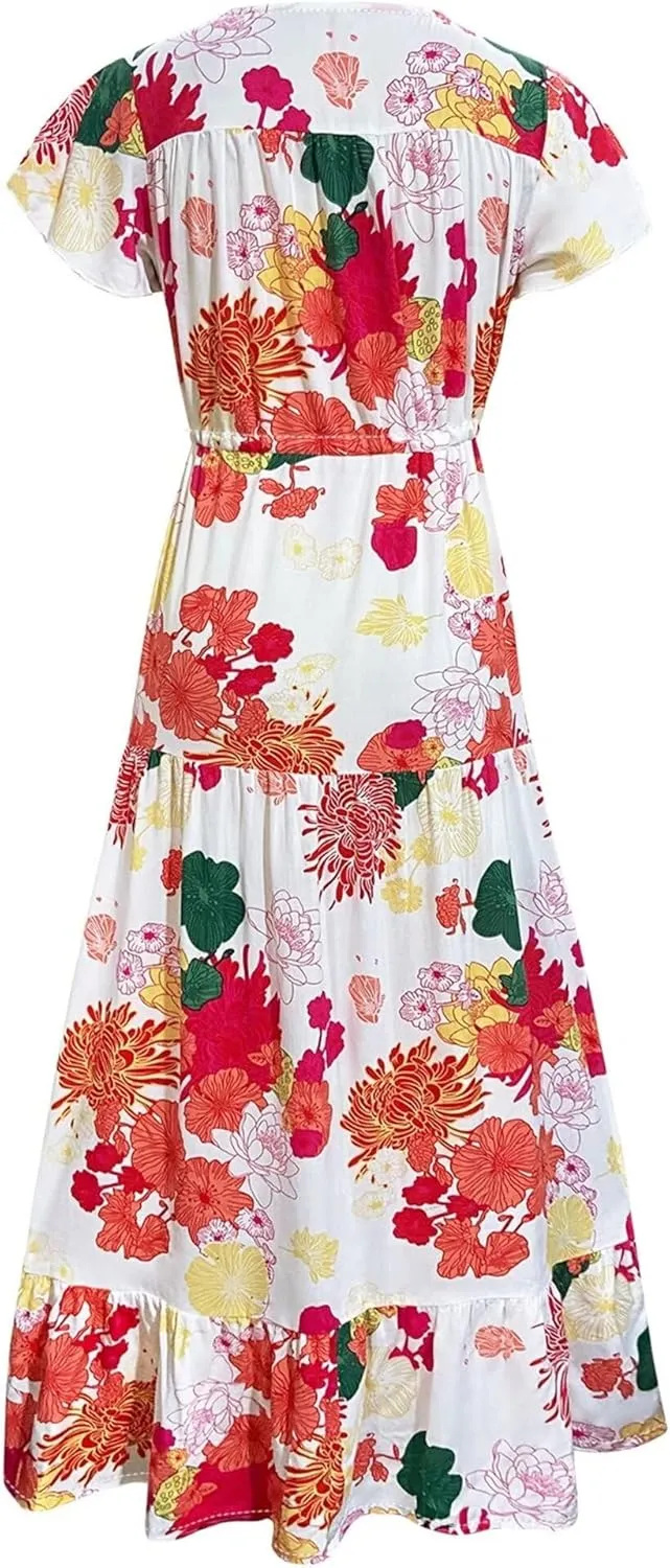Women Summer Dresses 2024 Casual Flowy Beach V-Neck Boho Floral Long Maxi Dress Short Sleeve Tie Waist Dresses