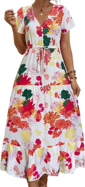 Women Summer Dresses 2024 Casual Flowy Beach V-Neck Boho Floral Long Maxi Dress Short Sleeve Tie Waist Dresses
