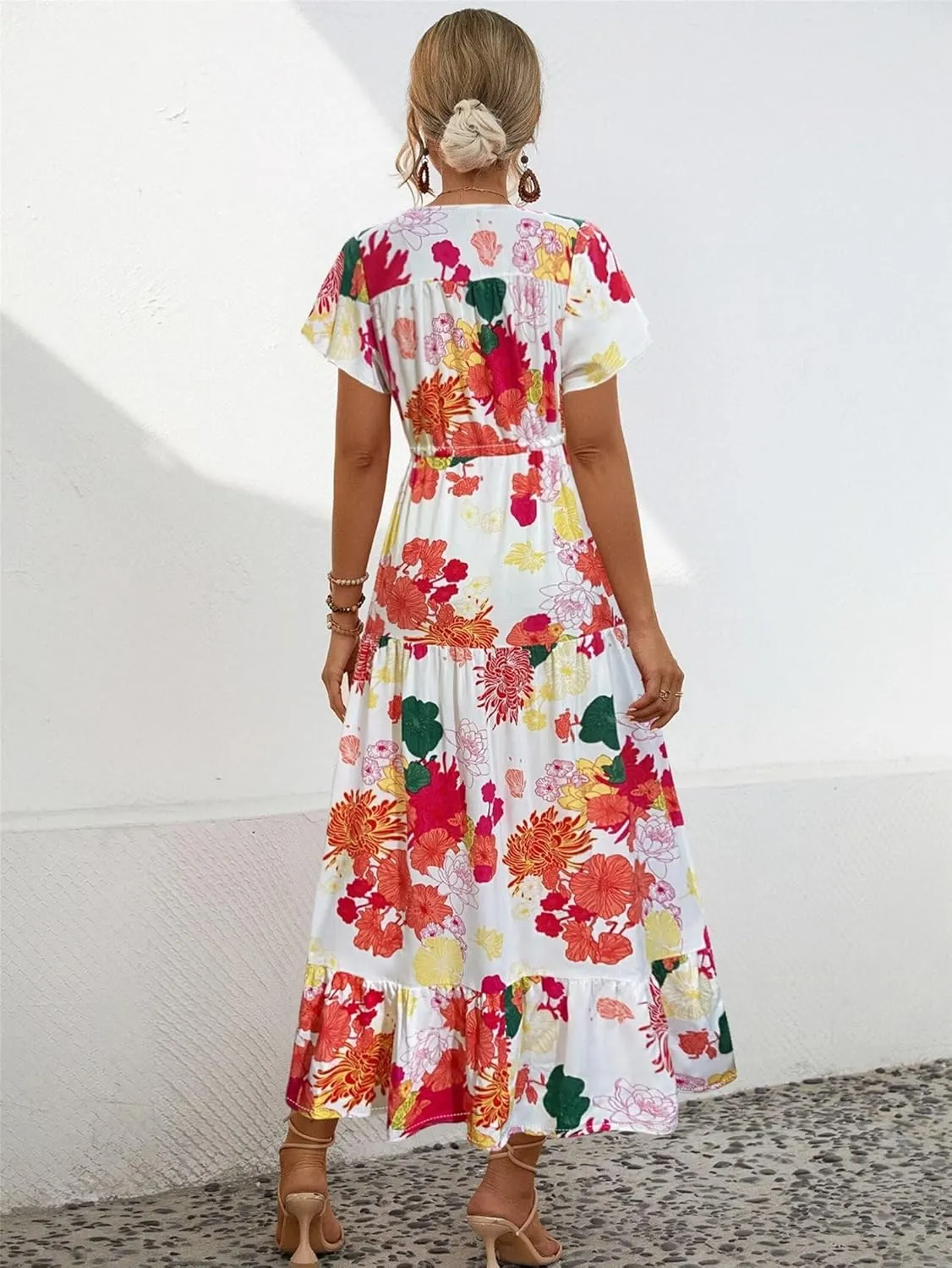 Women Summer Dresses 2024 Casual Flowy Beach V-Neck Boho Floral Long Maxi Dress Short Sleeve Tie Waist Dresses