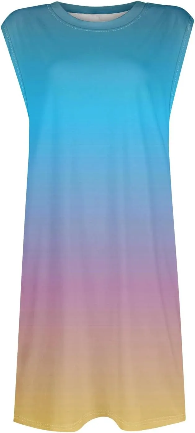 Women Summer Dresses Casual Floral Sundresses Crew Neck Beach T Shirt Dresses Sleeveless Loose Tank Dress with Pockets
