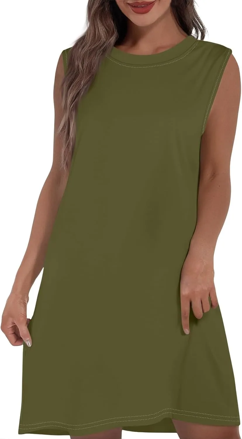 Women Summer Dresses Casual Floral Sundresses Crew Neck Beach T Shirt Dresses Sleeveless Loose Tank Dress with Pockets