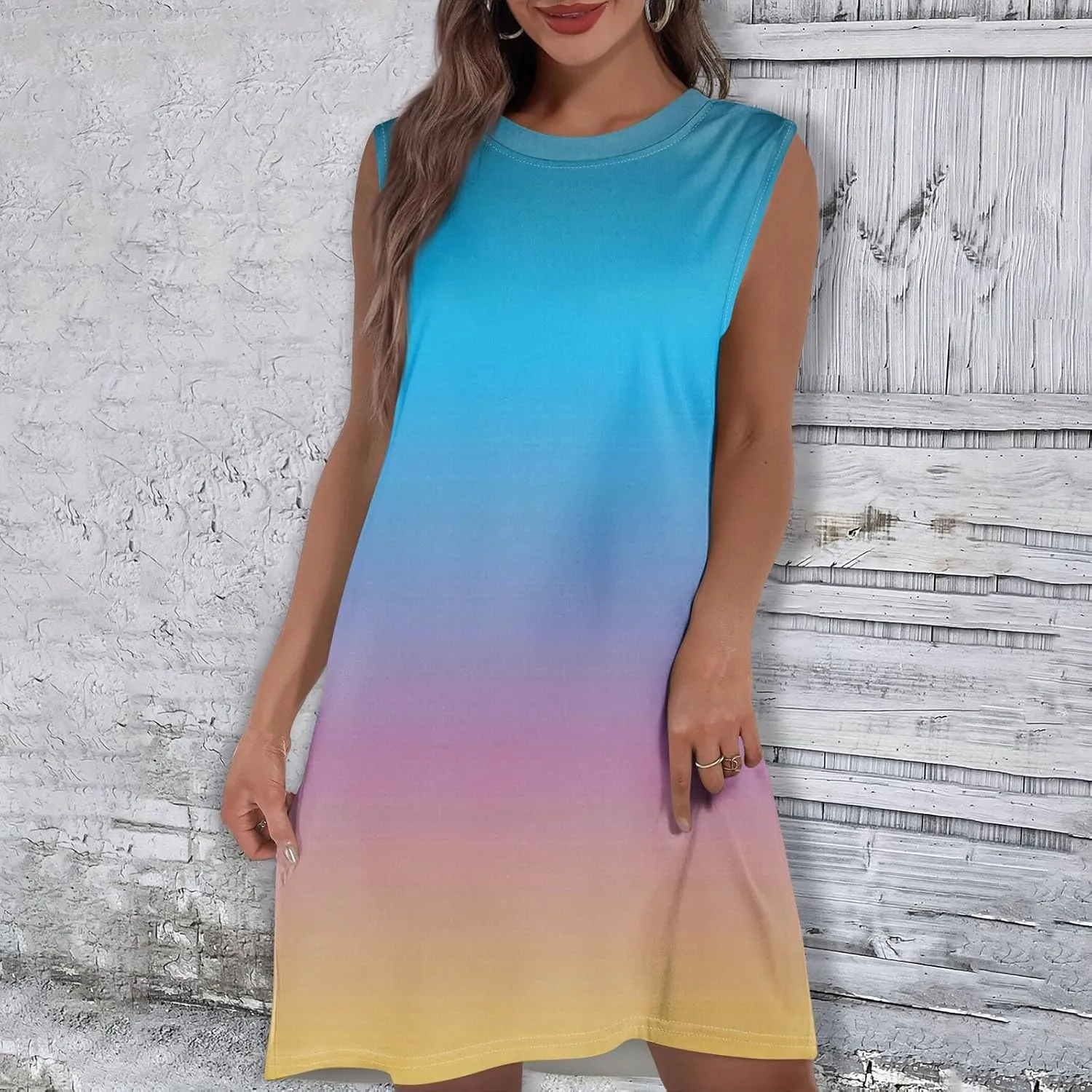 Women Summer Dresses Casual Floral Sundresses Crew Neck Beach T Shirt Dresses Sleeveless Loose Tank Dress with Pockets