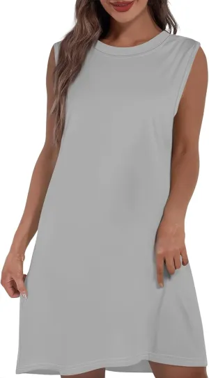 Women Summer Dresses Casual Floral Sundresses Crew Neck Beach T Shirt Dresses Sleeveless Loose Tank Dress with Pockets
