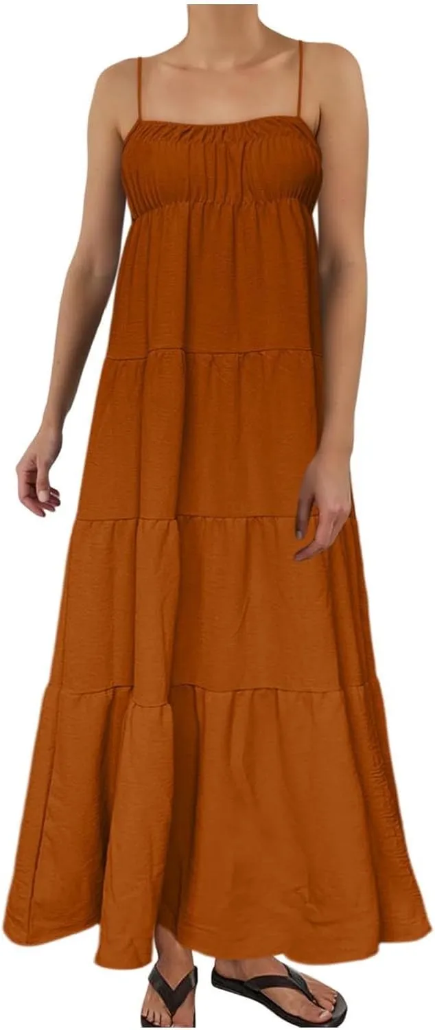 Women Summer Dresses Spaghetti Strap Scoop Neck Smocked Ruffle Loose Flowy Boho Sleeveless Backless Beach Maxi Long Dress