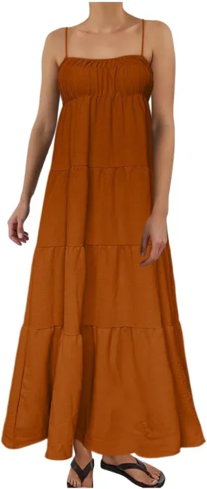 Women Summer Dresses Spaghetti Strap Scoop Neck Smocked Ruffle Loose Flowy Boho Sleeveless Backless Beach Maxi Long Dress
