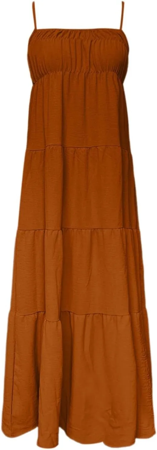 Women Summer Dresses Spaghetti Strap Scoop Neck Smocked Ruffle Loose Flowy Boho Sleeveless Backless Beach Maxi Long Dress