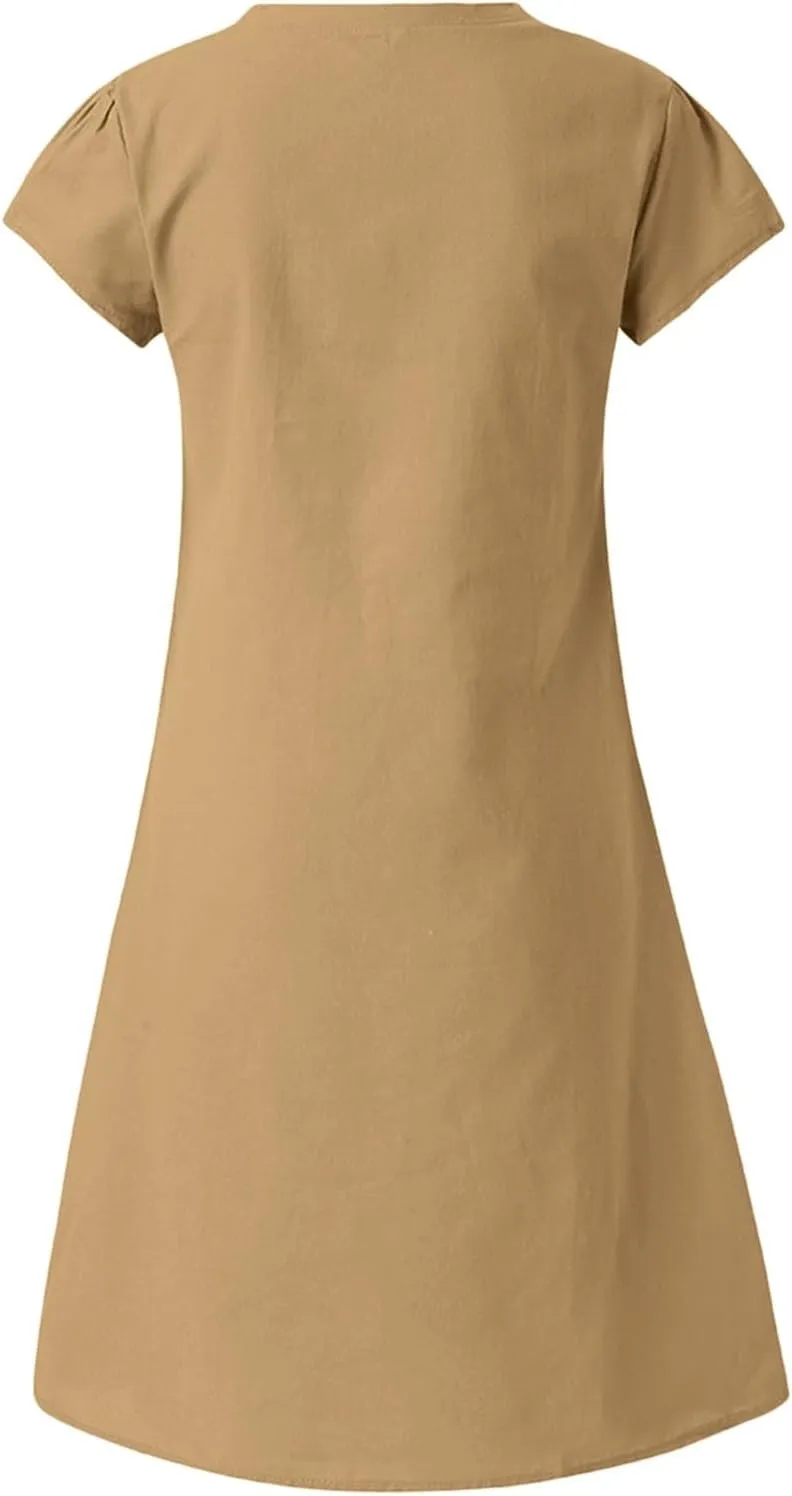 Women Summer Linen Dresses Cotton Boho Shirt Dresses Midi Length Casual Plus Size Dress Trendy Ladies Beach