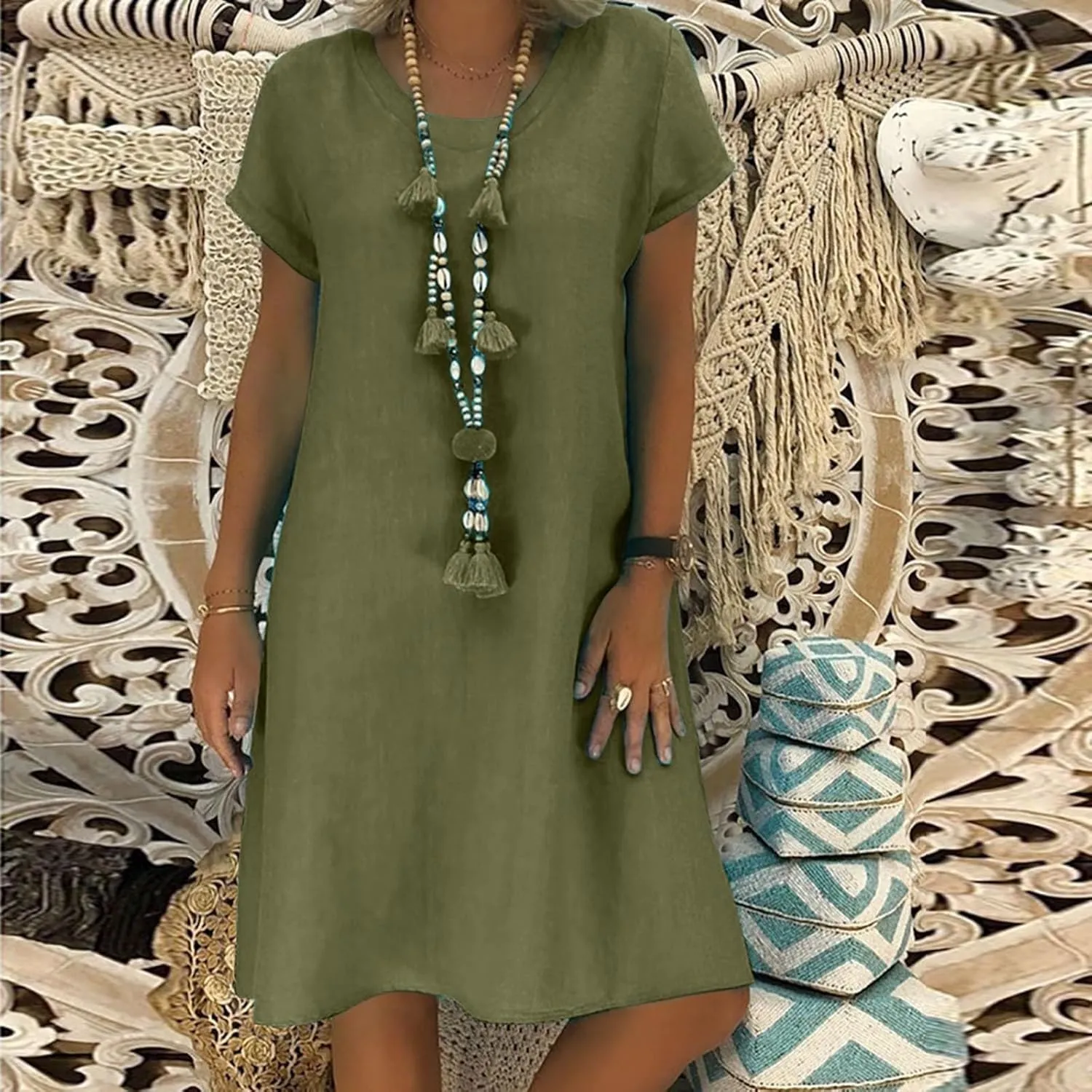 Women Summer Linen Dresses Cotton Boho Shirt Dresses Midi Length Casual Plus Size Dress Trendy Ladies Beach