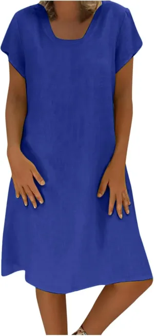 Women Summer Linen Dresses Cotton Boho Shirt Dresses Midi Length Casual Plus Size Dress Trendy Ladies Beach