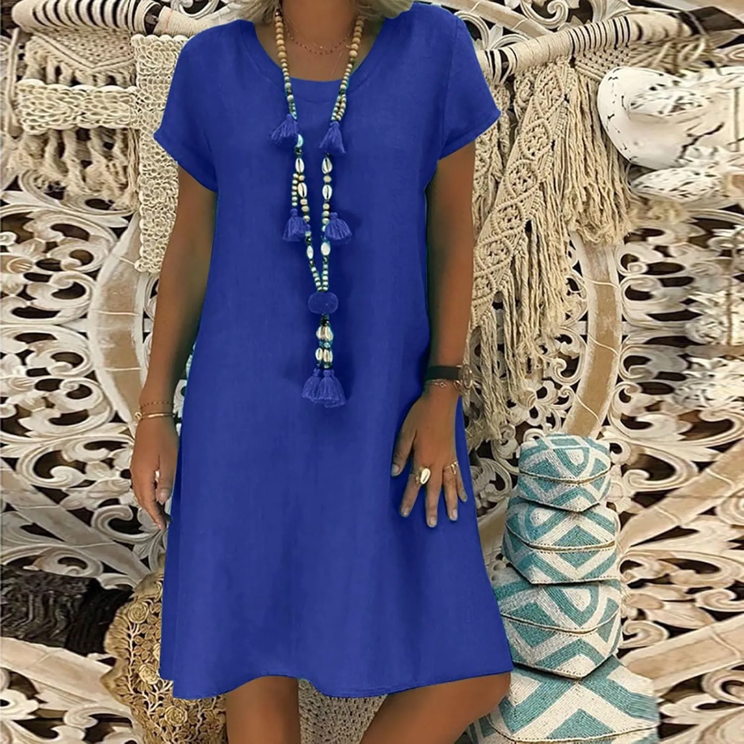 Women Summer Linen Dresses Cotton Boho Shirt Dresses Midi Length Casual Plus Size Dress Trendy Ladies Beach