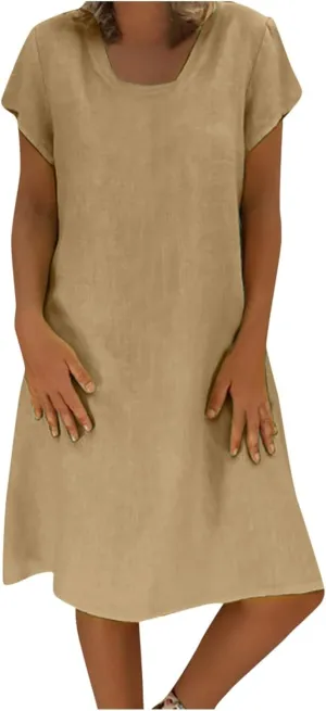 Women Summer Linen Dresses Cotton Boho Shirt Dresses Midi Length Casual Plus Size Dress Trendy Ladies Beach