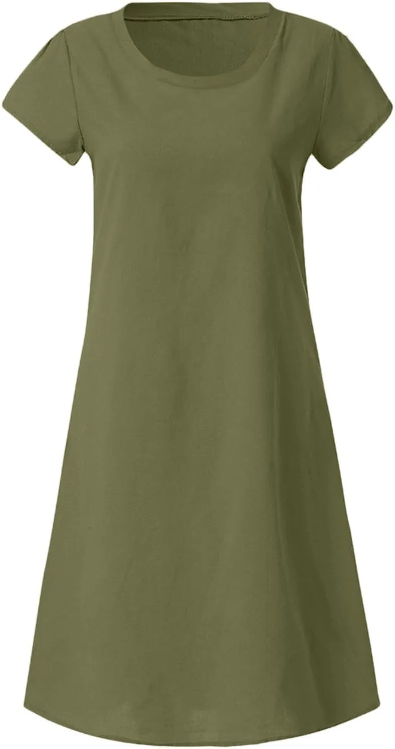 Women Summer Linen Dresses Cotton Boho Shirt Dresses Midi Length Casual Plus Size Dress Trendy Ladies Beach