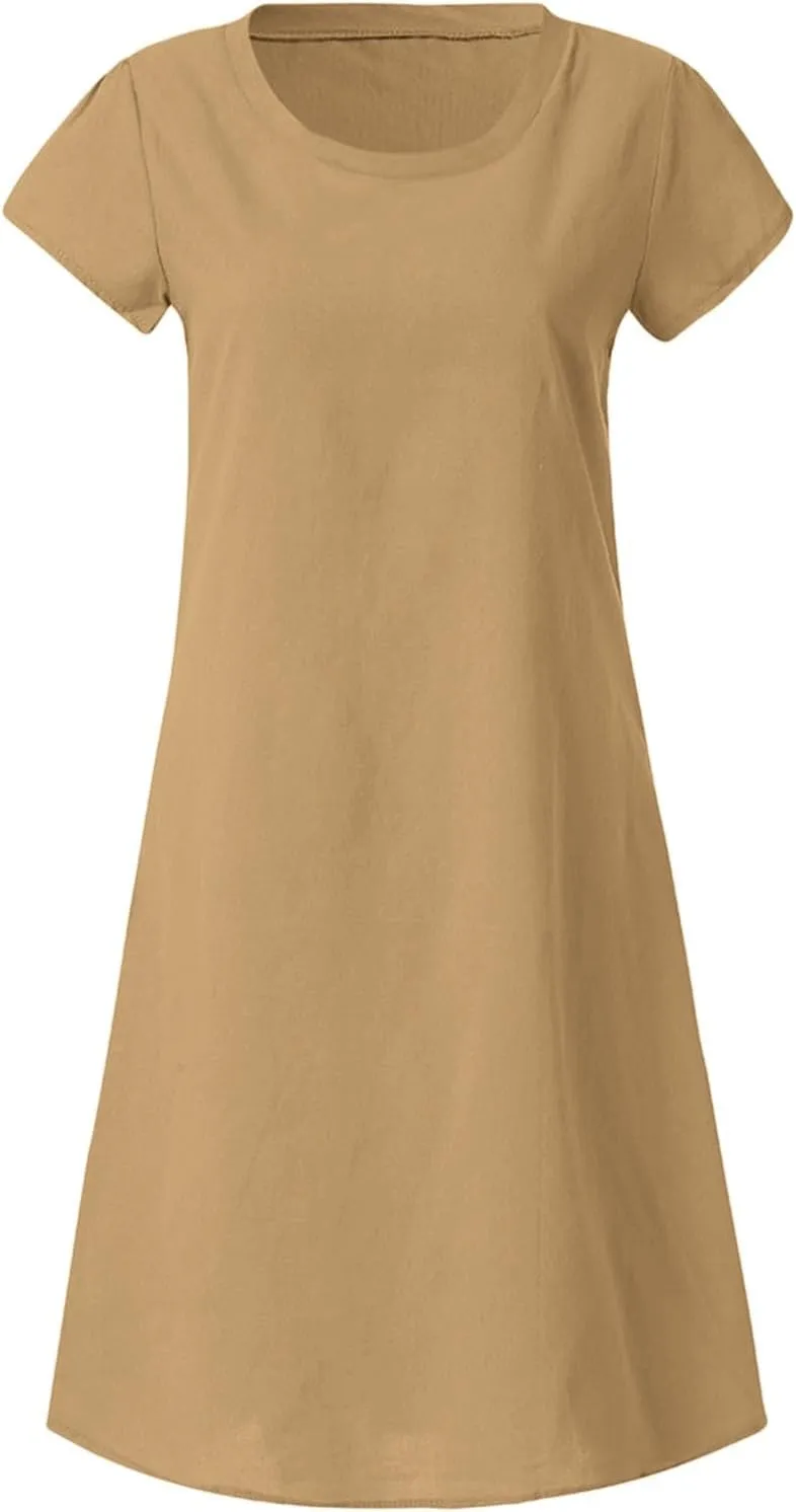 Women Summer Linen Dresses Cotton Boho Shirt Dresses Midi Length Casual Plus Size Dress Trendy Ladies Beach