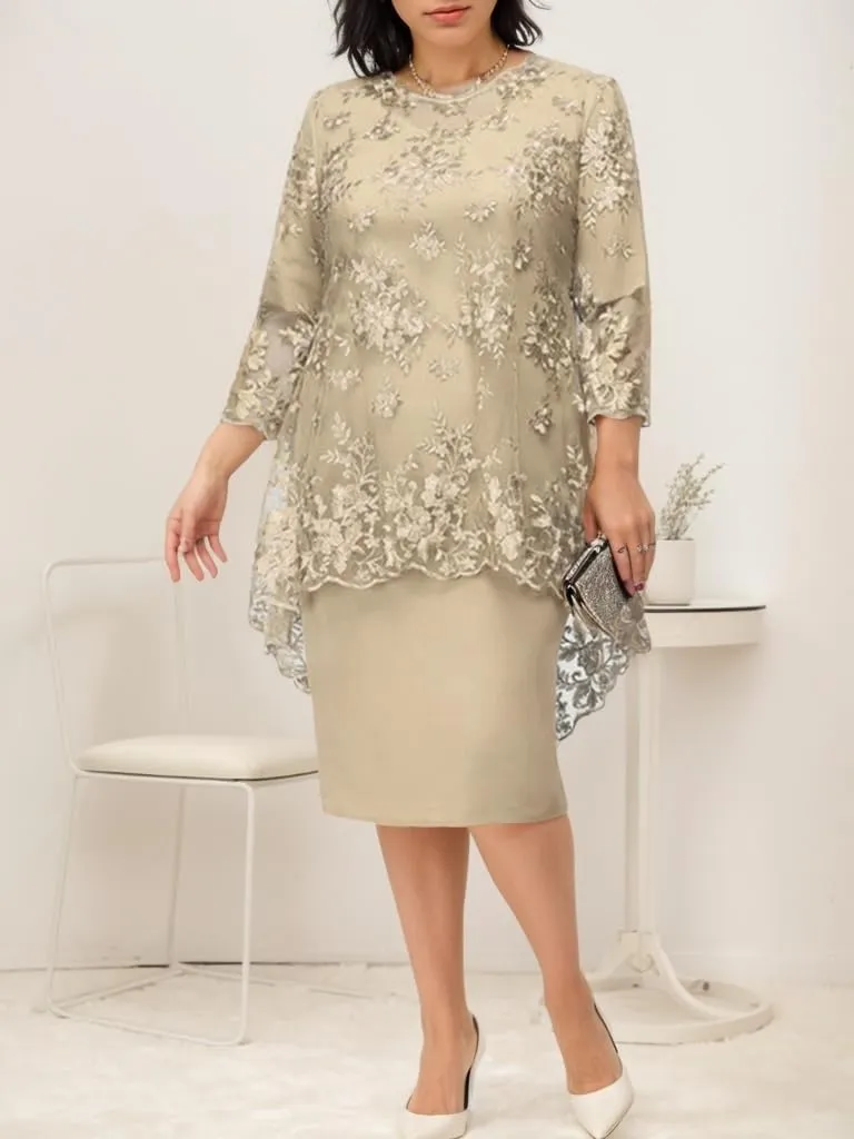 Women Two Piece Set Dress with Jacket Summer Boho Lace Long Sleeve Crewneck Asymmetrical Wedding Guest Midi Dress