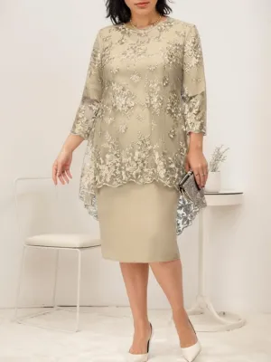 Women Two Piece Set Dress with Jacket Summer Boho Lace Long Sleeve Crewneck Asymmetrical Wedding Guest Midi Dress