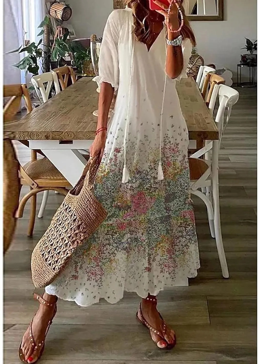 Women V Neck Dresses for Women Short 1/2 Sleeve Floral Graphic Loose Fit Maxi Long Summer Fall 2025 Trendy