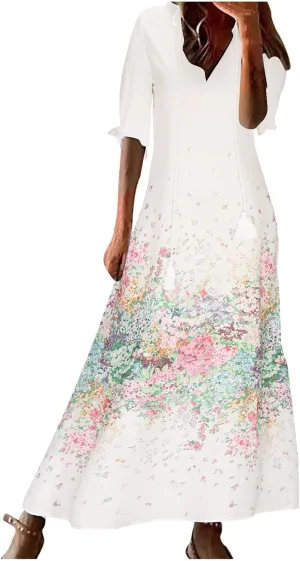 Women V Neck Dresses for Women Short 1/2 Sleeve Floral Graphic Loose Fit Maxi Long Summer Fall 2025 Trendy