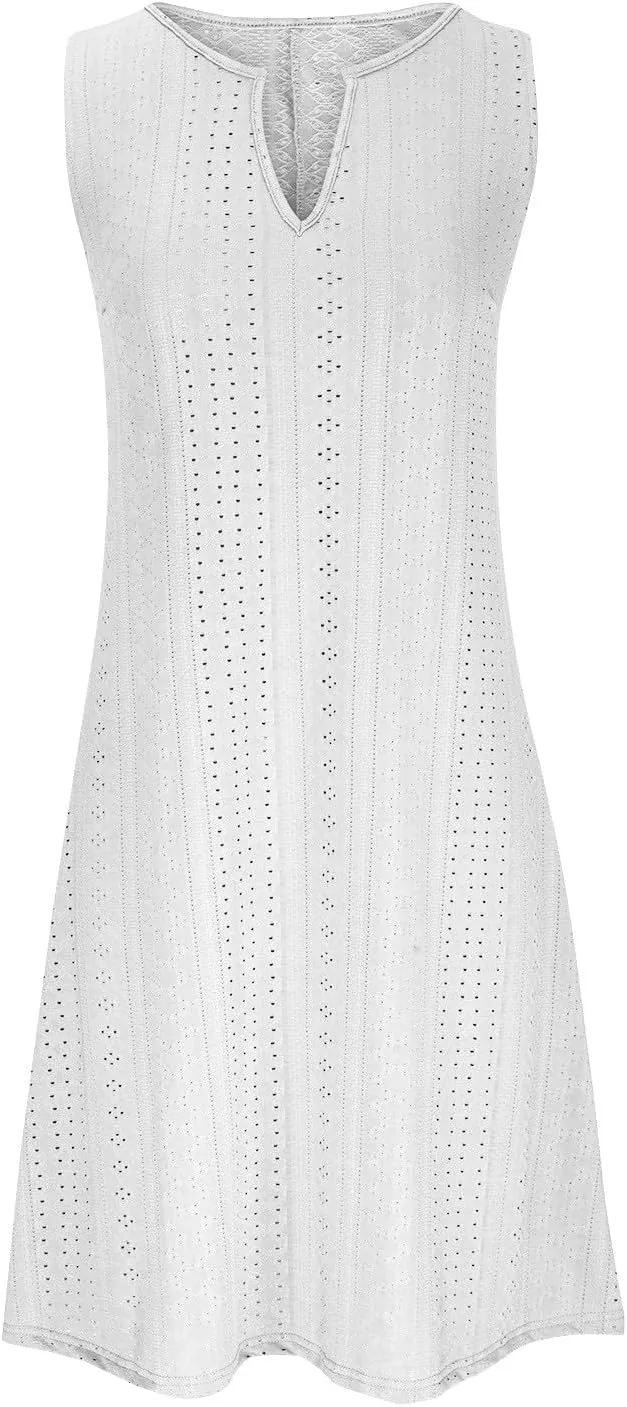 Women V Neck Sleeveless Sundresses Simple Solid Color Knee Length Dresses Casual Fashion Beach Dress