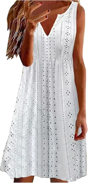 Women V Neck Sleeveless Sundresses Simple Solid Color Knee Length Dresses Casual Fashion Beach Dress