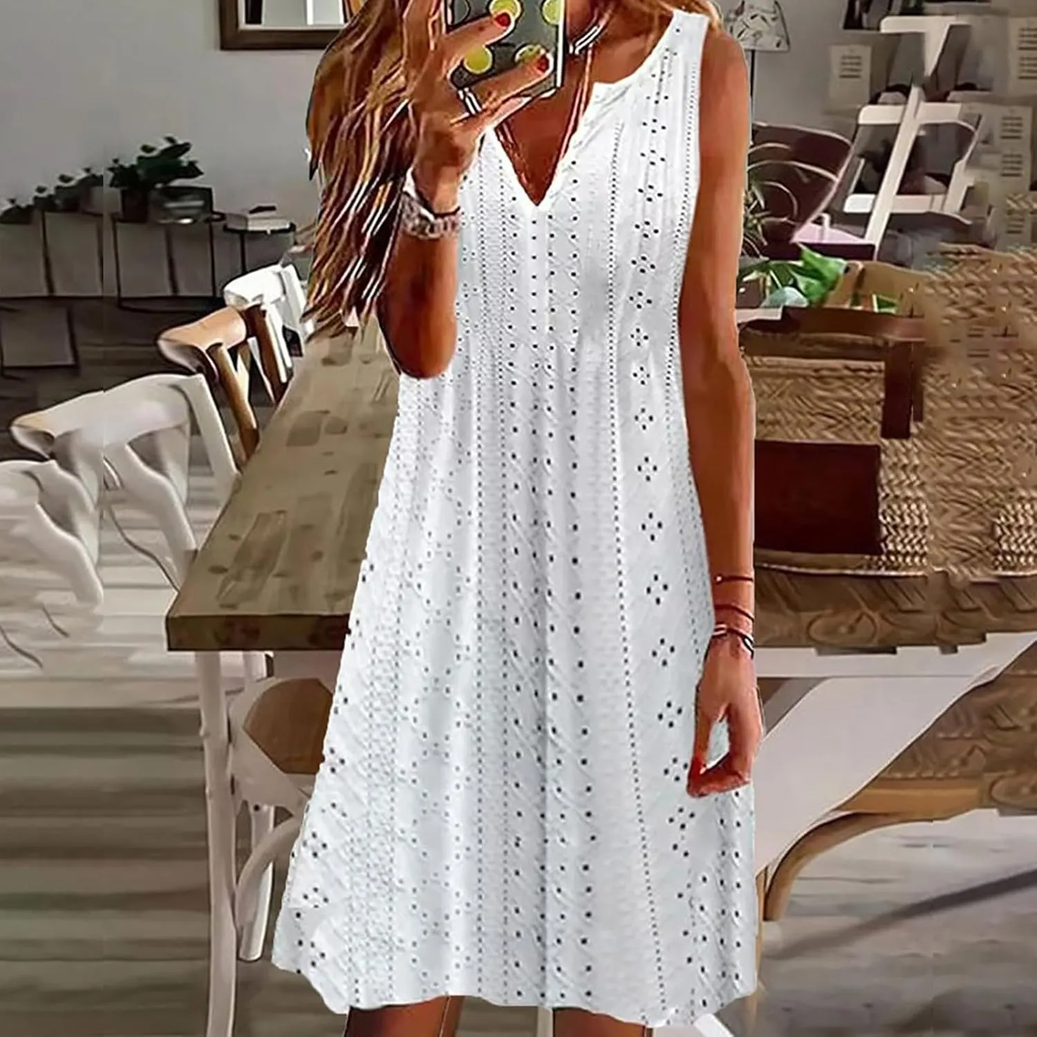 Women V Neck Sleeveless Sundresses Simple Solid Color Knee Length Dresses Casual Fashion Beach Dress