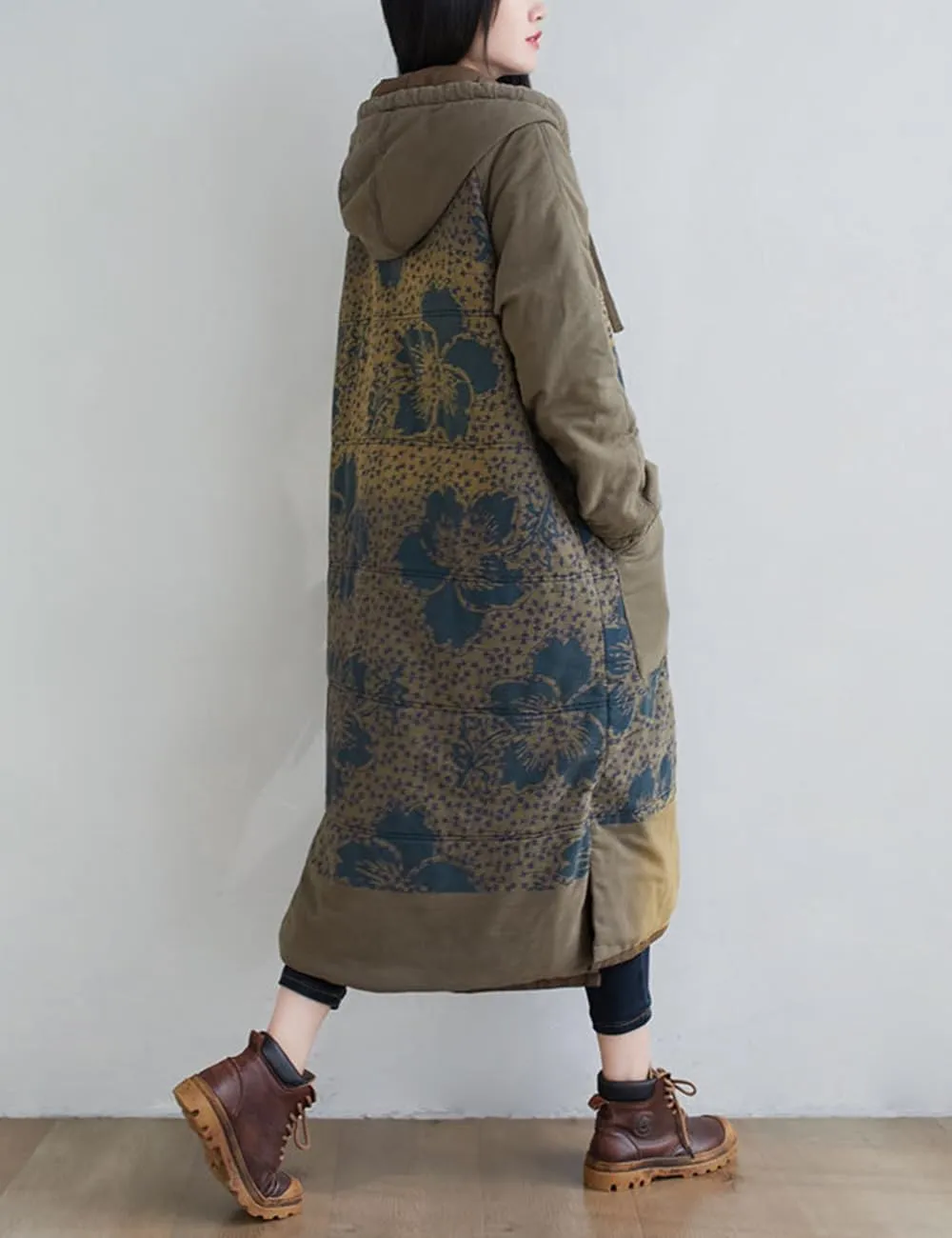 Women Winter Cotton Padded Long Coat Plus Size Button Hoody Jacket Floral Print Outwear