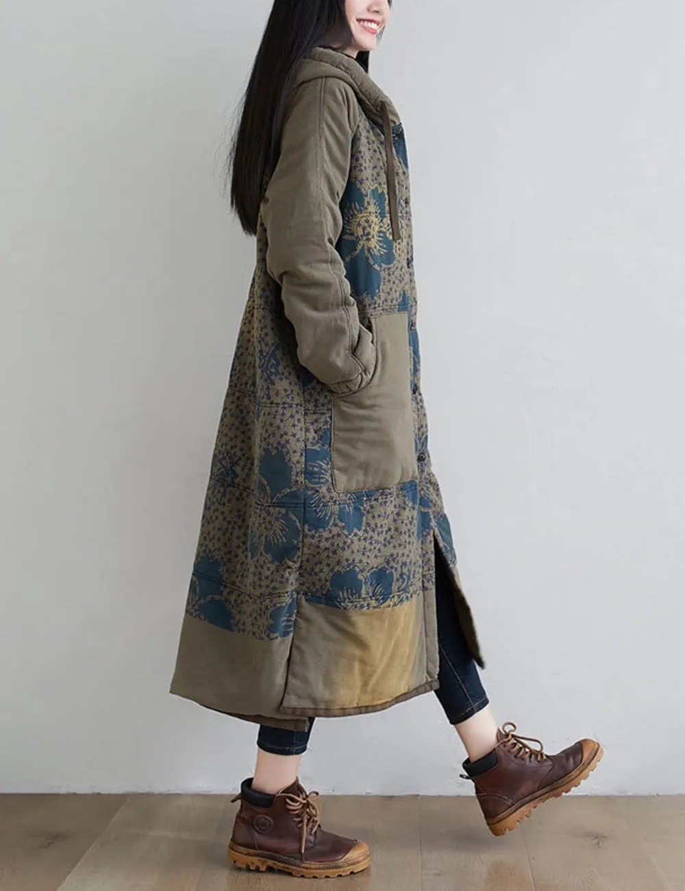 Women Winter Cotton Padded Long Coat Plus Size Button Hoody Jacket Floral Print Outwear