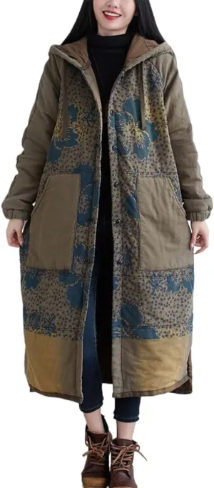 Women Winter Cotton Padded Long Coat Plus Size Button Hoody Jacket Floral Print Outwear