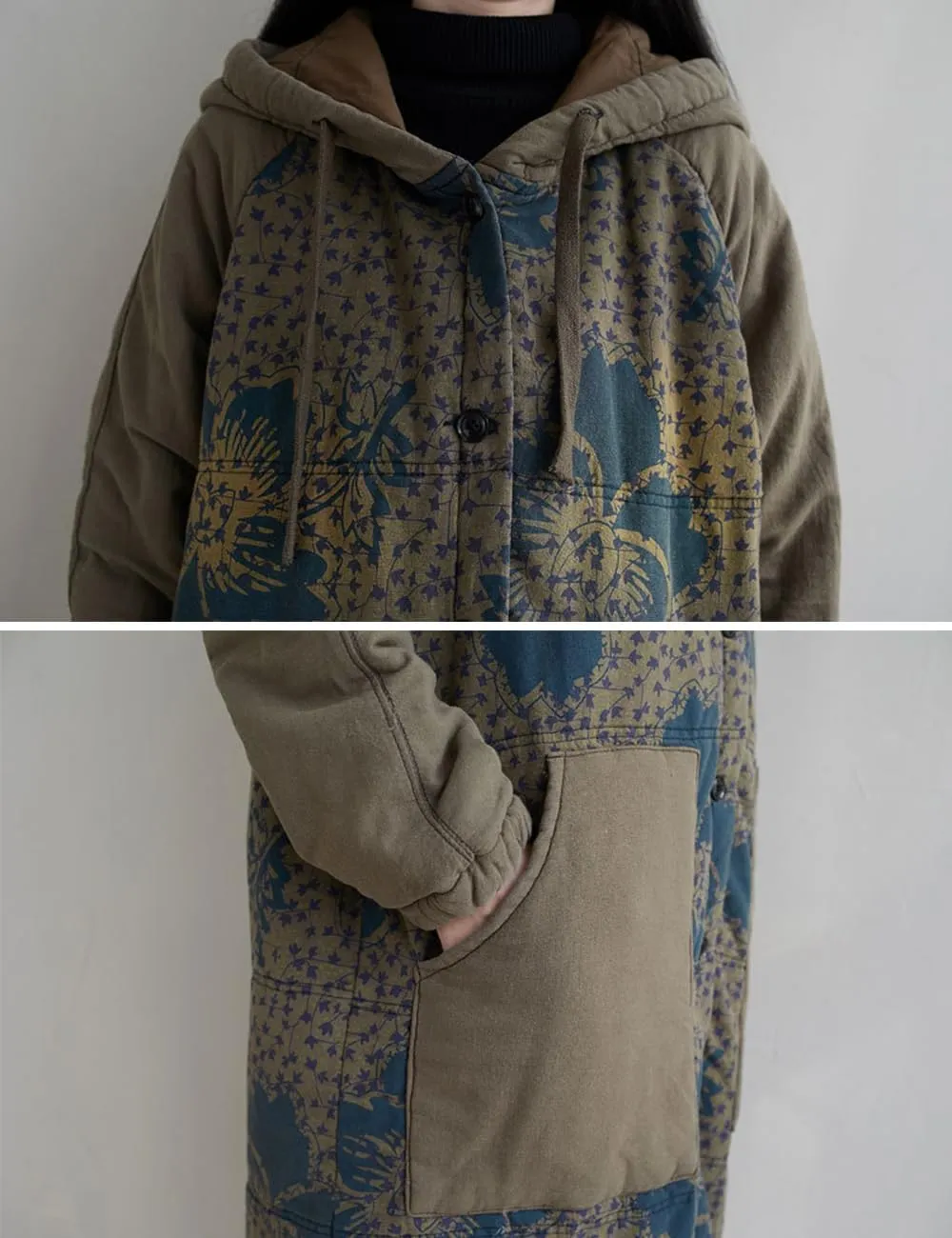 Women Winter Cotton Padded Long Coat Plus Size Button Hoody Jacket Floral Print Outwear