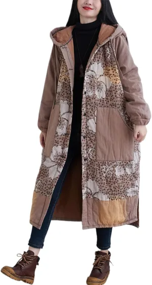 Women Winter Cotton Padded Long Coat Plus Size Button Hoody Jacket Floral Print Outwear
