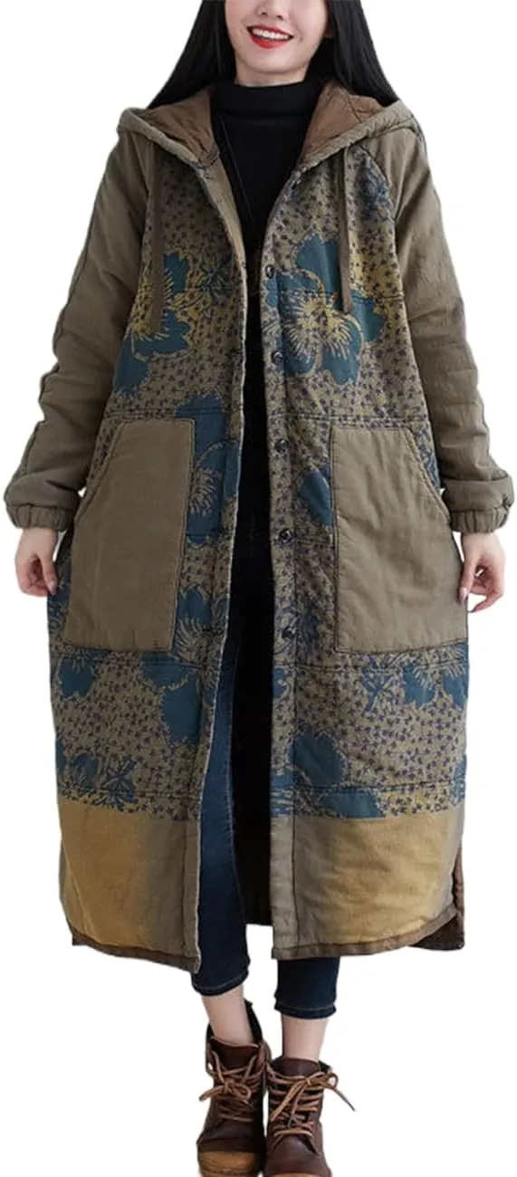 Women Winter Cotton Padded Long Coat Plus Size Button Hoody Jacket Floral Print Outwear