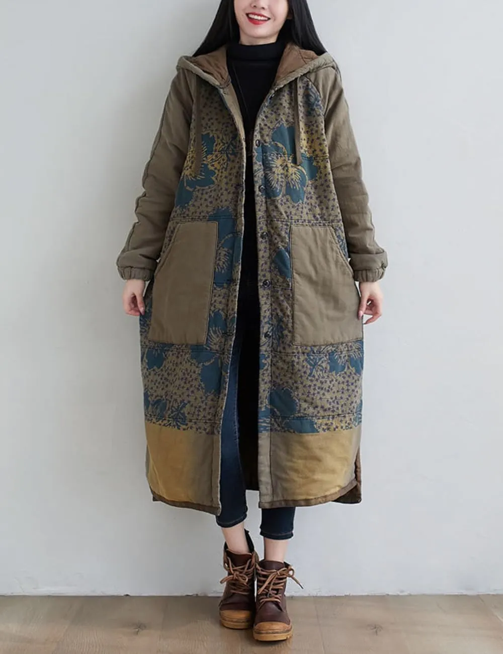 Women Winter Cotton Padded Long Coat Plus Size Button Hoody Jacket Floral Print Outwear